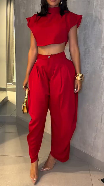 Ladies Round Neck Solid Color Temperament Casual Suit