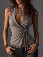 Taupe Cotton-Linen Blend Wrap-Front Lace-Trimmed Sleeveless Top