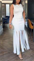 Women Round Neck Slit Solid Color Casual Dress