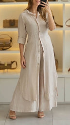 Women's Collar and Buckle Long Top+ Pants Loose Casual Suit