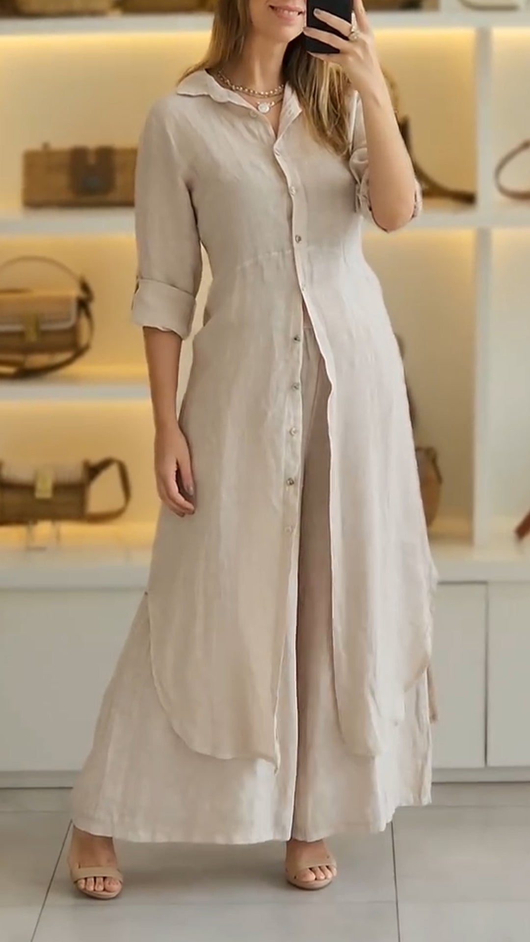 Women's Collar and Buckle Long Top+ Pants Loose Casual Suit