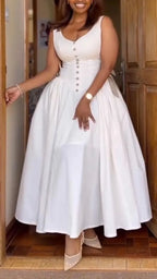 Womens V-neck Buckle Splicing Waist Cinching Elegant Casual Dress