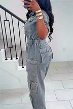 Women's Utility Denim Jumpsuit with Multiple Cargo Pockets & Wide Leg Denim
