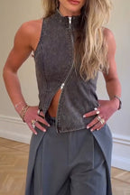 Women Casual Round Neck Sleeveless Zipper Denim Top or Wide Leg Pants