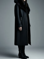 Women Fur Trim Warm Lined Hooded Eco Leather Trench Coat