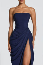 Women's Strapless Halter Neck Ruched Maxi Dress With High Slit