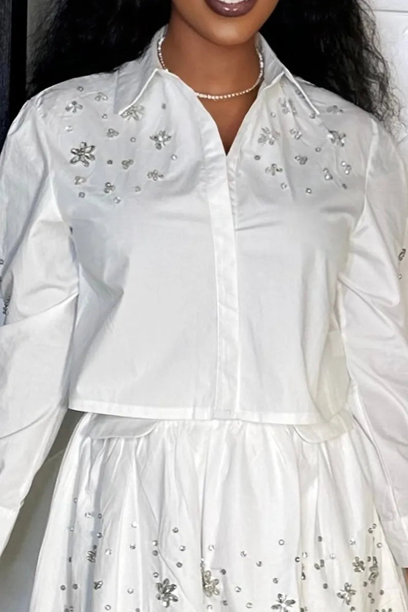 Women's Crystal-Embellished Button-Down Shirt and Skirt