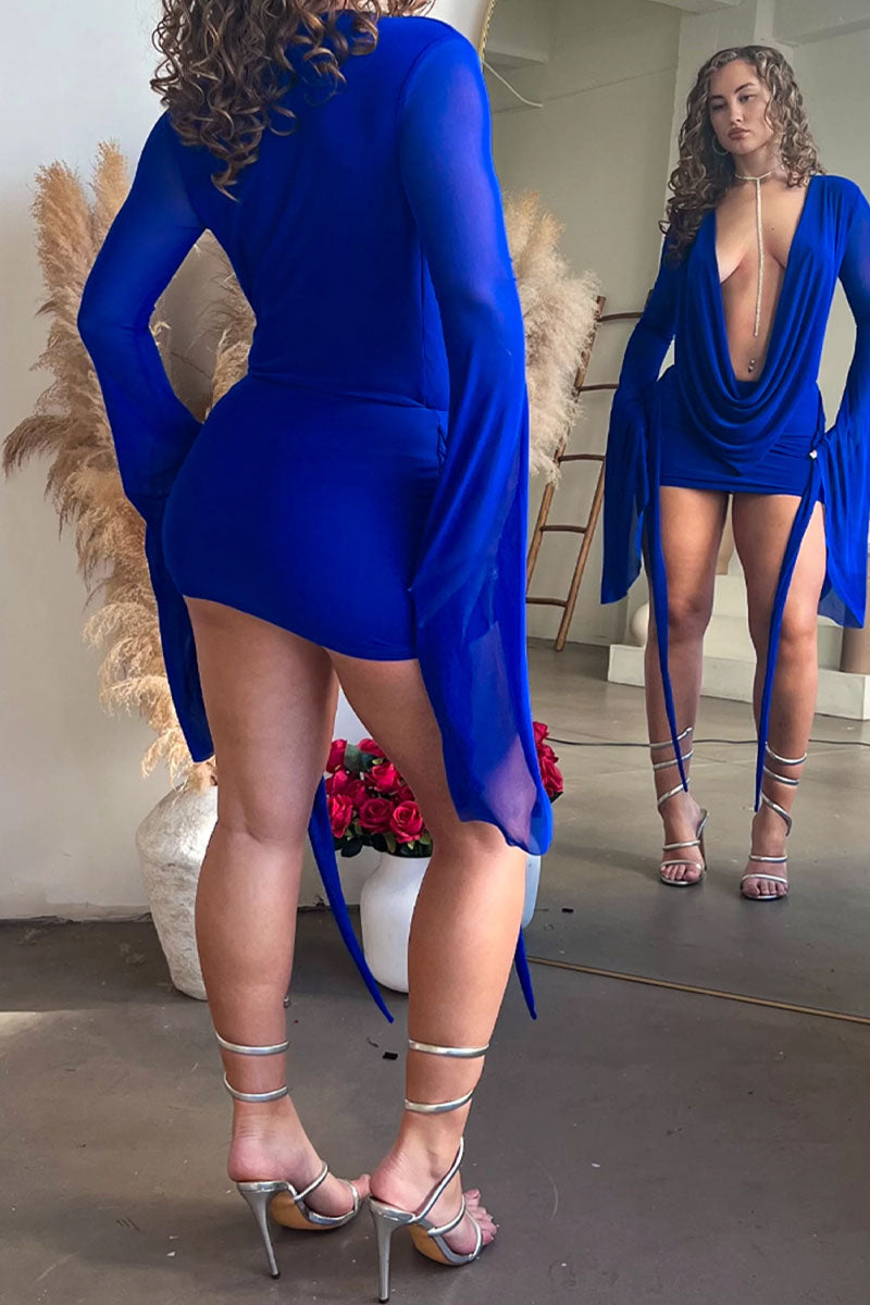Women's Sheer Mesh Long Sleeve Deep Plunge Neck Bodycon Party Dress