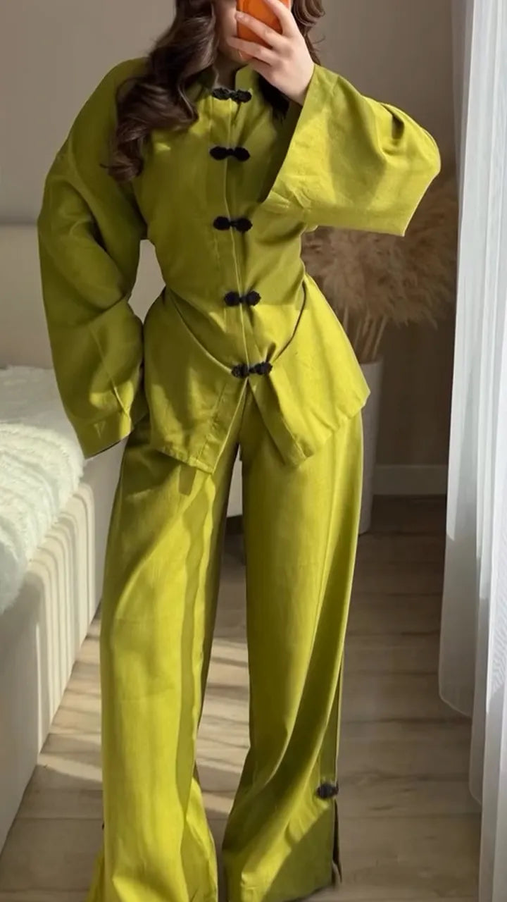 Women Round Neck Breasted Top and Pants New Chinese Casual Suit