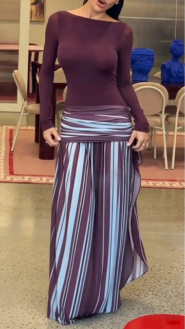 Women Round Neck Patchwork Back Hollow Elegant Casual Dress