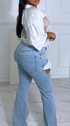 Women V-neck Patchwork See Through Top+ Hollowed Out Jeans Sexy Casual Suit
