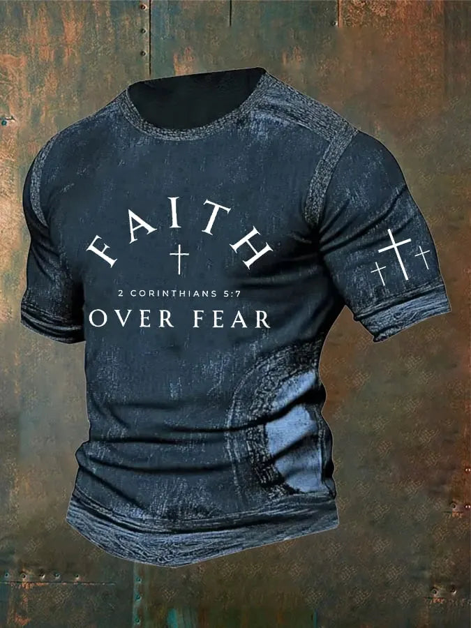 Men's Vintage Faith“Faith Over Fear” Print Casual T-Shirt