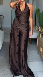 Womens Neck Hanging Sequin Patchwork Top + Wide Leg Pants Casual Set with Temperament