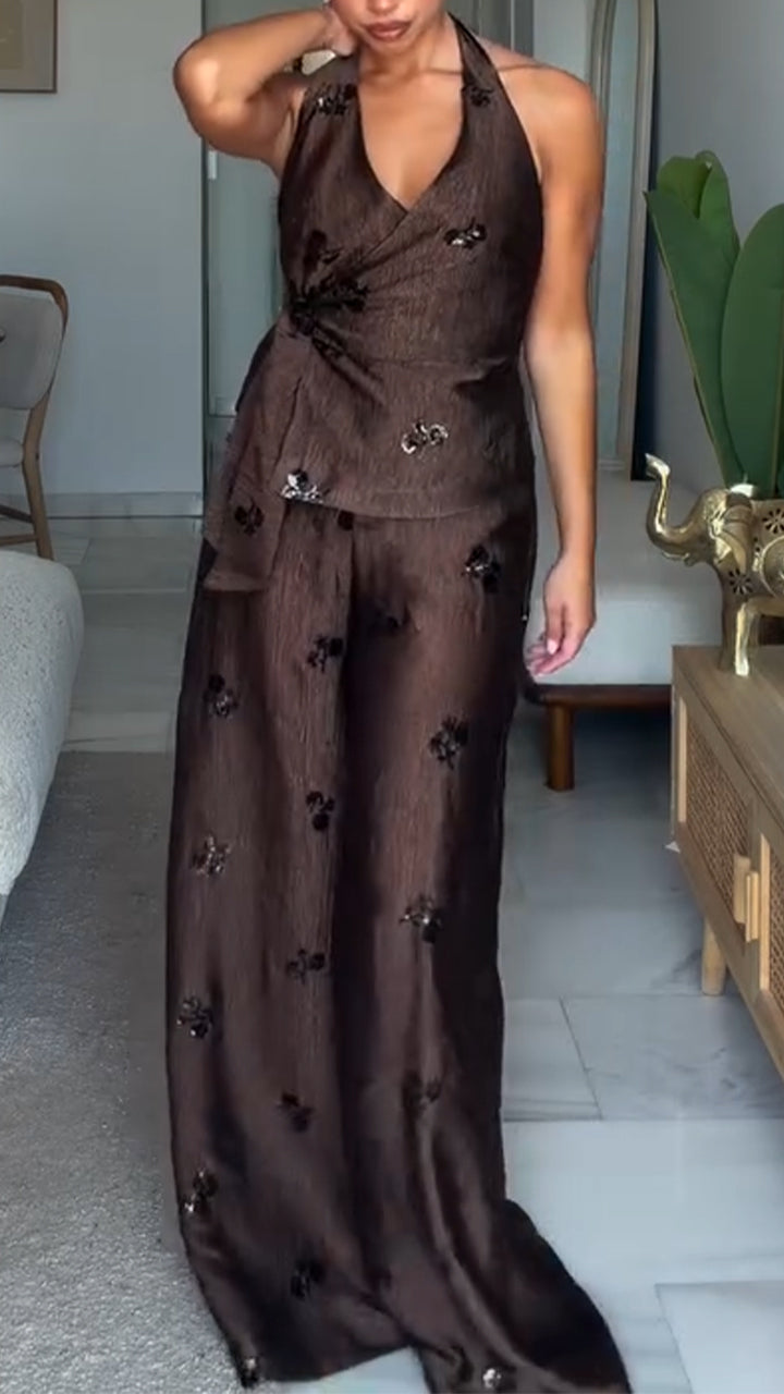 Womens Neck Hanging Sequin Patchwork Top + Wide Leg Pants Casual Set with Temperament