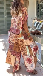 Women Collar Printed Shirt + Wide Leg Pants Loose Casual Suit