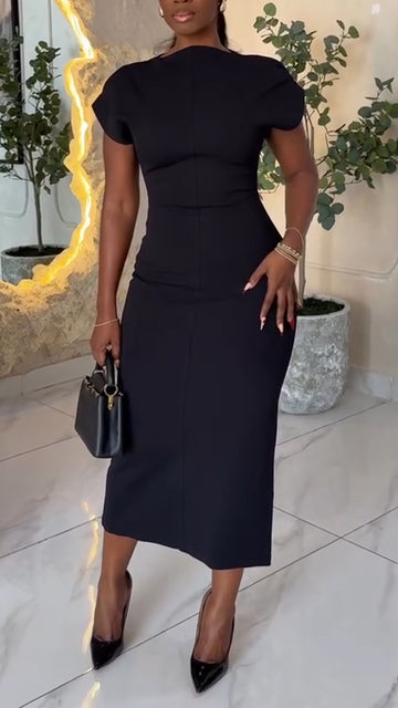 Women Round-neck Waist-cinching Solid Elegant and Temperamental Dress