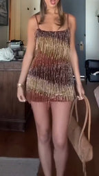 Women Spaghetti Strap Patchwork Tassel Sexy Temperament Party Casual Style Dress