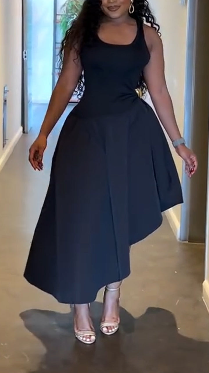Women U-neck Waist Cinching and Splicing Elegant and Casual Irregular Dress