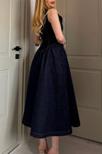 Women's Elegant Lapel Button Front Denim Dress with Belt