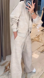 Women Lapel Zipper Top + Drawstring Pants Casual Set