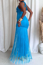 Women's Braided Detail Halter Cutout Fringe Hem Bodycon Maxi Dress
