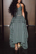 Women's Vintage Striped Halter Neck Asymmetric Maxi Dress