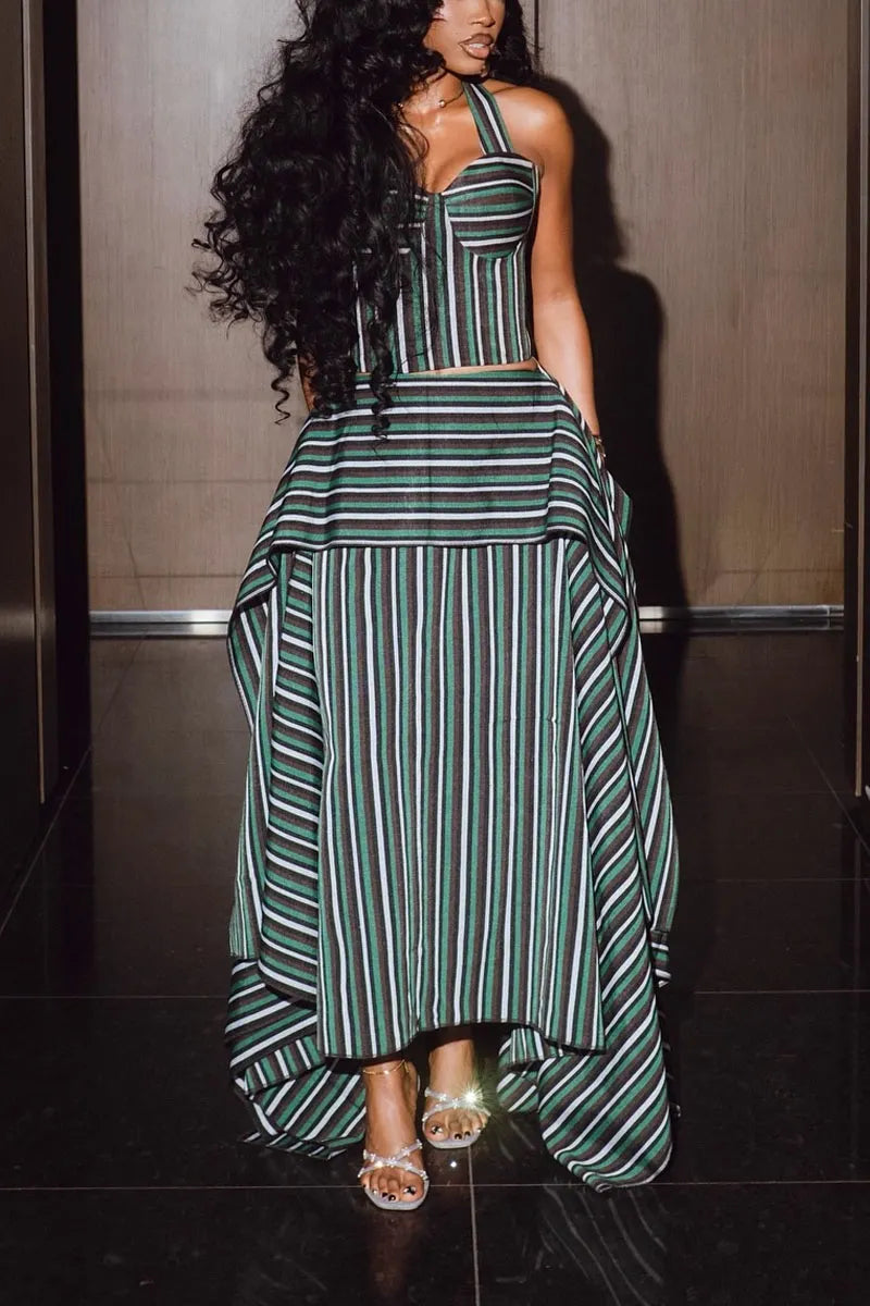 Women's Vintage Striped Halter Neck Asymmetric Maxi Dress