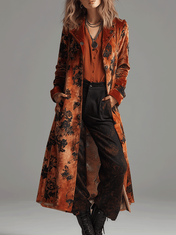 Vintage Burnt Orange Velvet Floral Maxi Coat