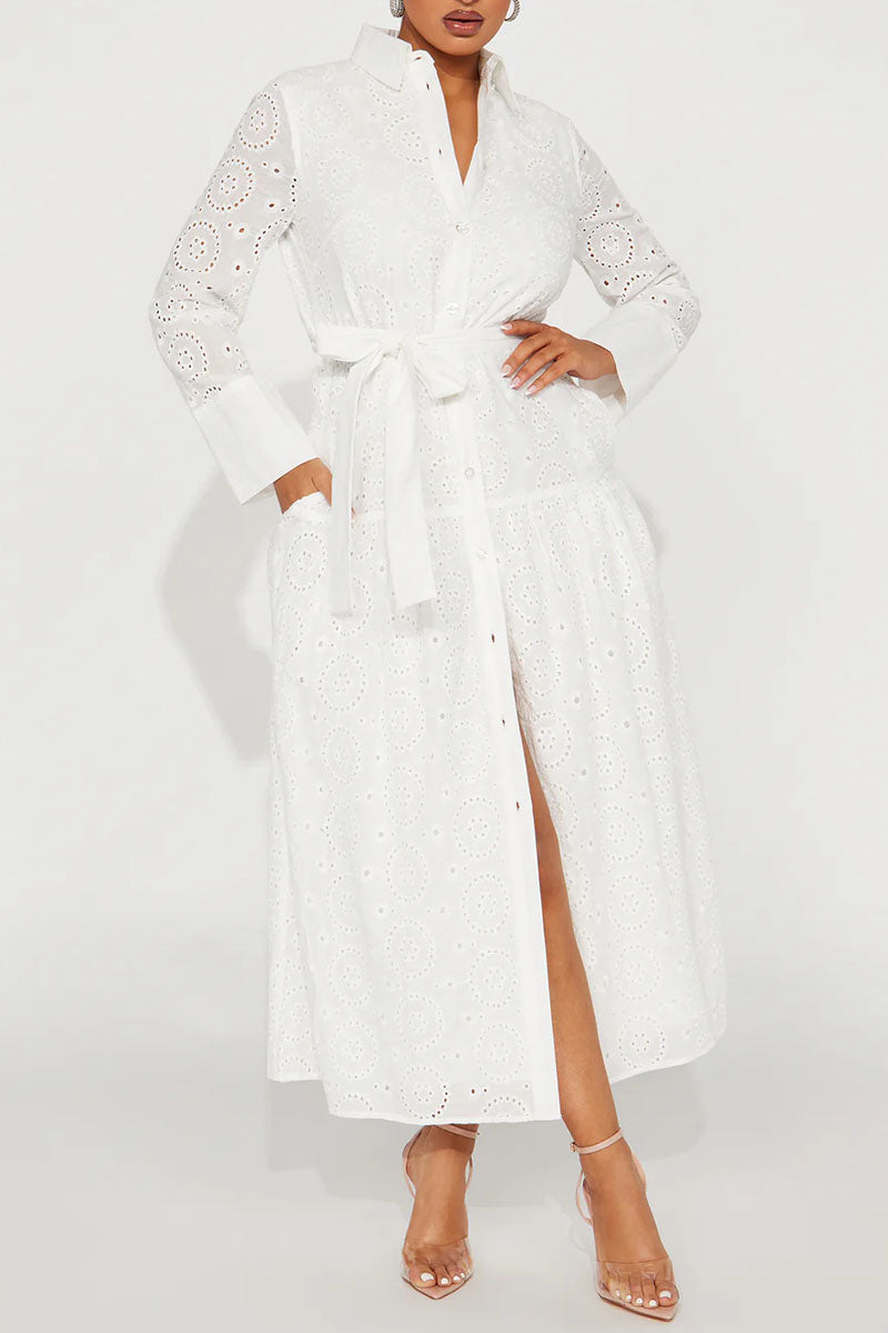 Women's Casual Eyelet Embroidered Button Down Shirt Dress