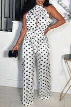 Women's Casual Sleeveless Polka Dot Halter Jumpsuit with High Waist, Keyhole Front & Pockets
