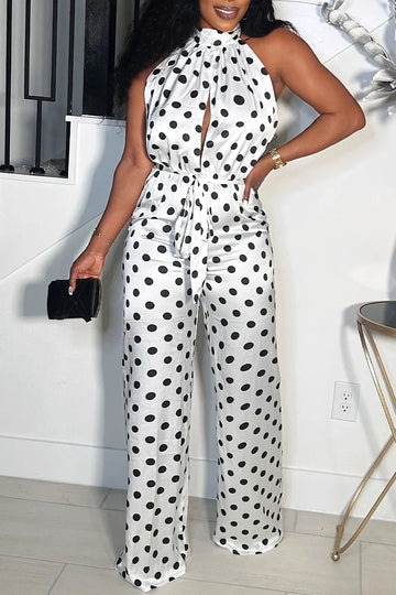 Women's Casual Sleeveless Polka Dot Halter Jumpsuit with High Waist, Keyhole Front & Pockets