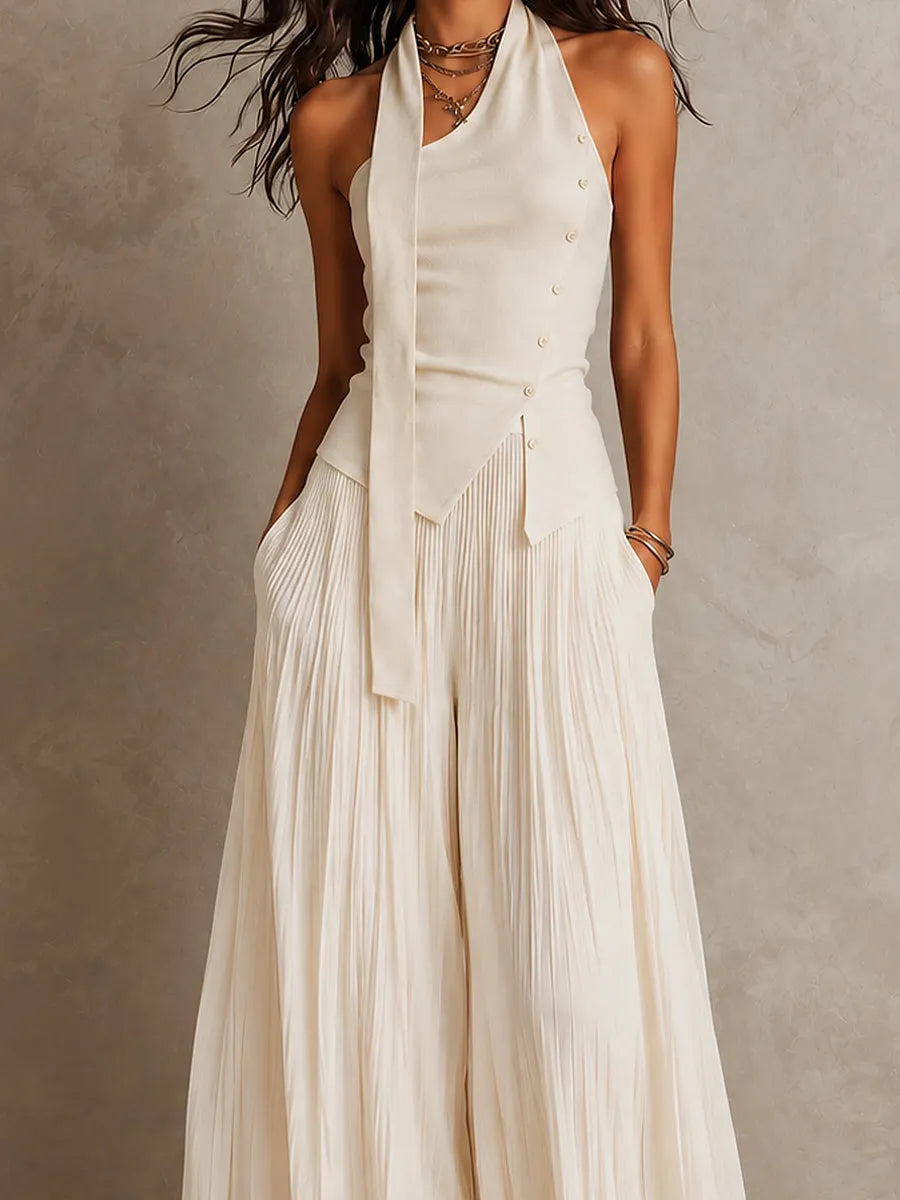 Chic Halter-neck Asymmetric Hem Top & Crinkled Chiffon Wide-leg Pants Set