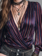 Retro Striped Satin Blouse With A Crossover Neckline