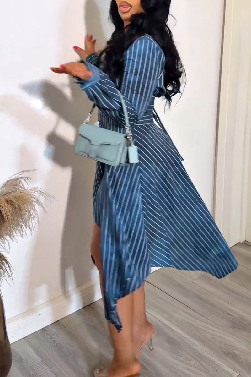 Women's Fashion Asymmetric Hem Stripe Print Dress