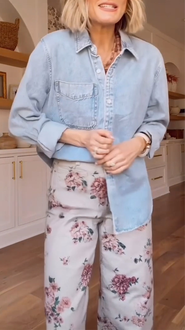 Women Collar Denim Top+ Printed Pants Casual Suit