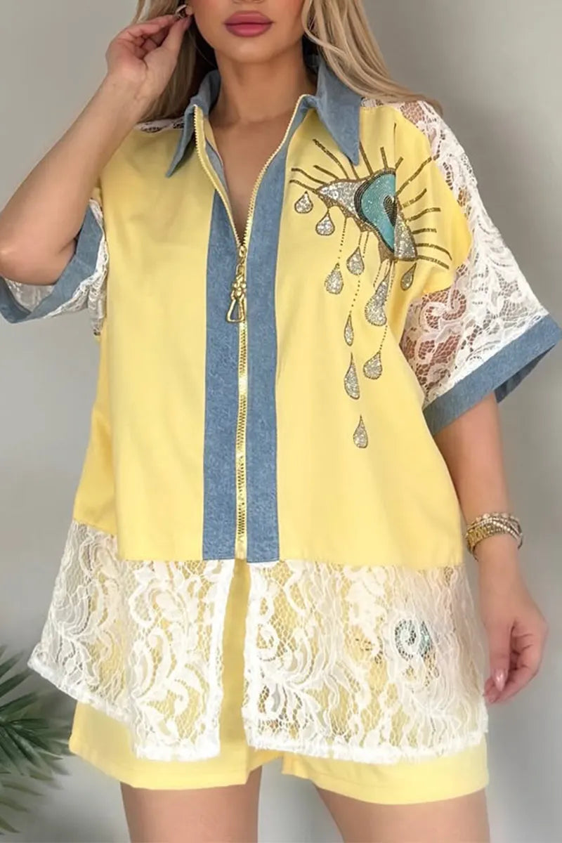 Women Collar Hot Stamping Diamond Pattern Splicing Denim Top+ Shorts Casual Set