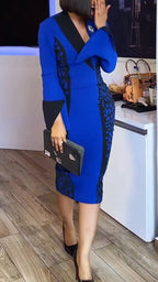 Women V-neck Contrasting Color Waist Print Elegant Temperament Dress