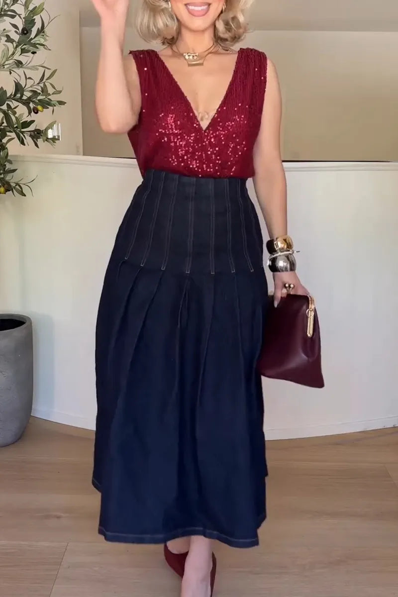 Women's Elegant Sequin Cami or Pleated Denim Skirt