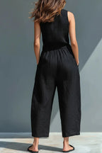 Women's  Casual Solid Black Casual Sleeveless Big Pocket Loose Linen Jumpsuit