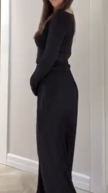 Women Round Neck Top + Pants Solid Color Casual Suit