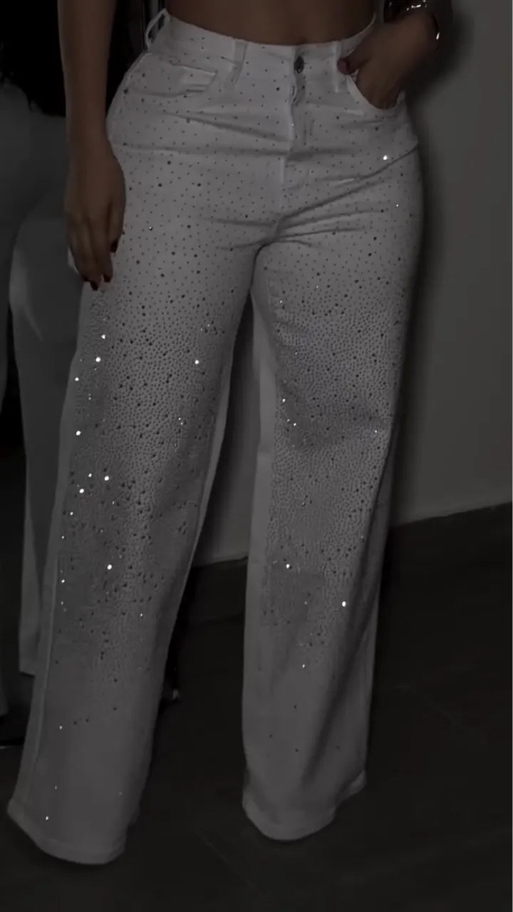 Women Neck Hanging Shiny Top+ Rhinestone Pants Sexy Casual Suit