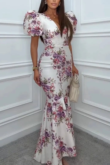 Women V-neck Slim Fit Patchwork Print Elegant Temperament Dress