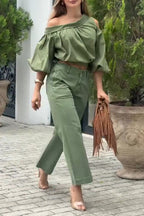 Women Off Shoulder Top+ Pants Casual Outfit with Temperament
