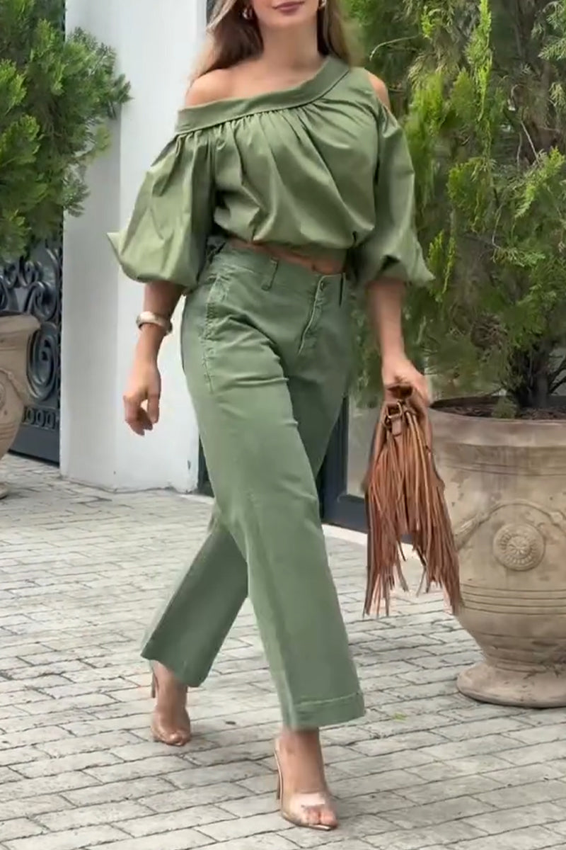 Women Off Shoulder Top+ Pants Casual Outfit with Temperament