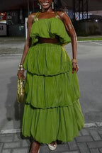 Women's Green Textured Crinkle Fabric Halter Crop Top Tiered Layered Ruffle Maxi Skirt
