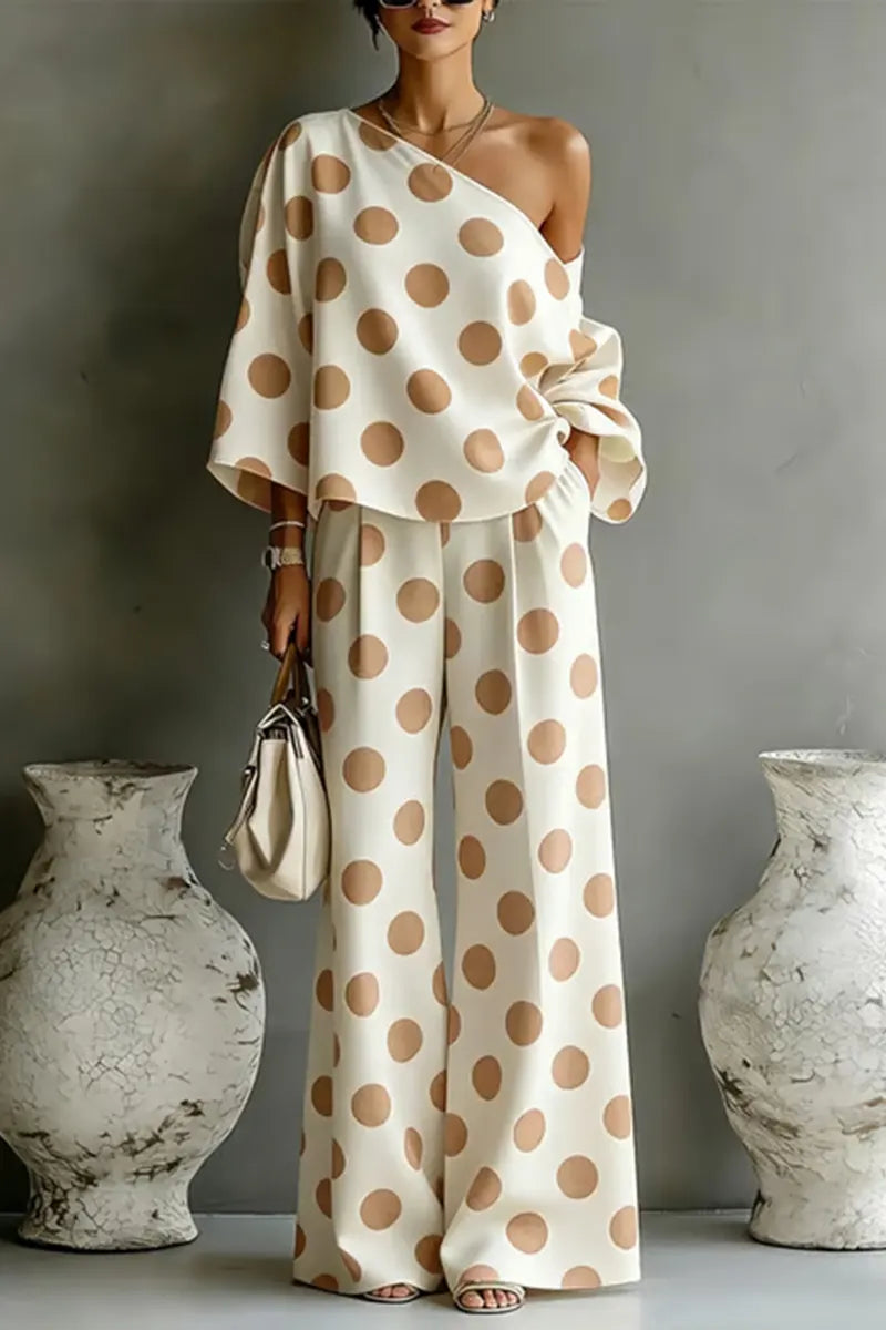 Women Colorful Polka Dot Off Shoulder Top+ Wide Leg Pants Two-piece Set