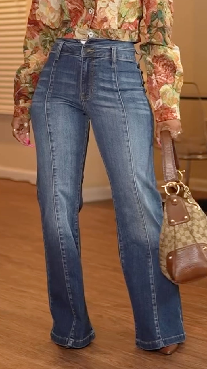 Women Collar Printed Top+ Jeans Casual Suit