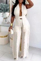 Women's Linen Textured Fringe Trim Halter Vest and Pants