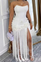 Women's Strapless Floral Tassel Maxi Dress