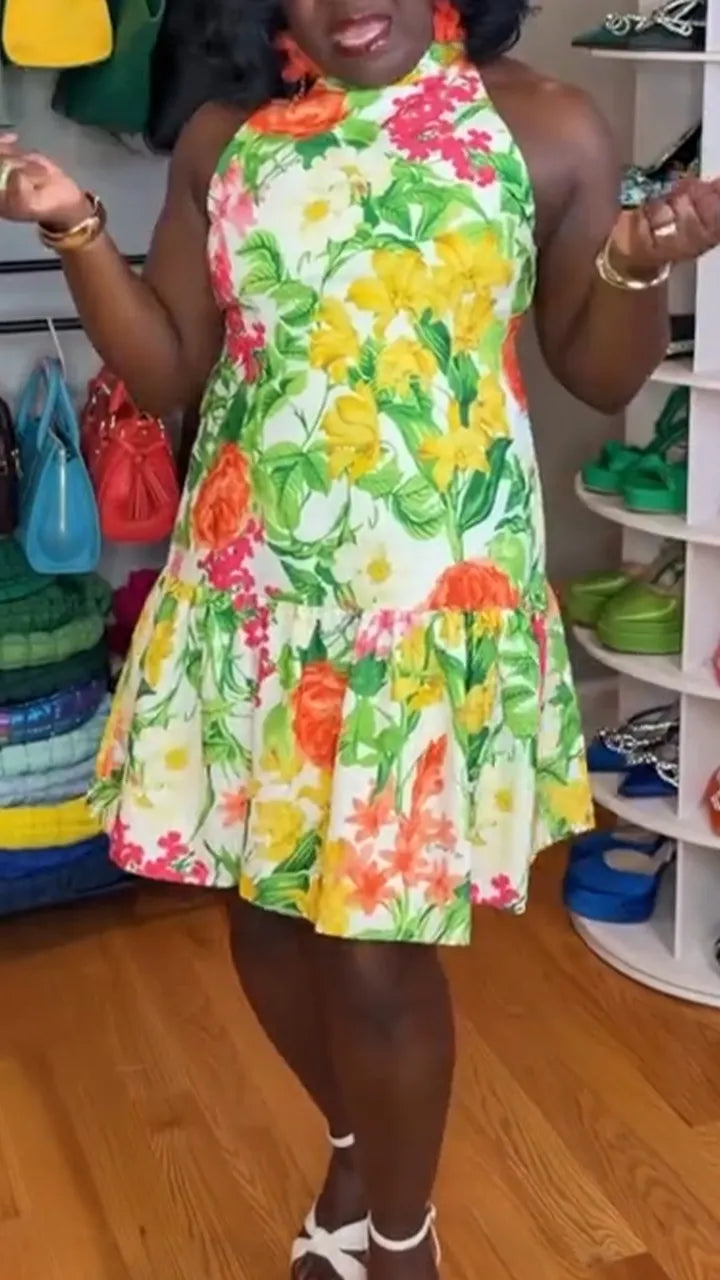 Women Round Neck Sleeveless Printed Casual Dress